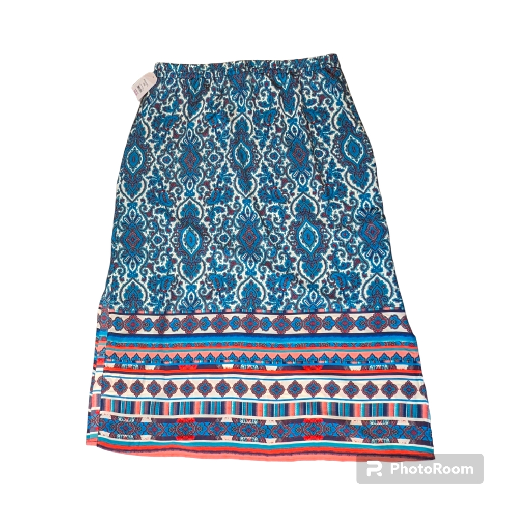 Faded Glory Skirt Womens Sz XXL (20) Blue Red Cream Paisley Design Elastic Waist